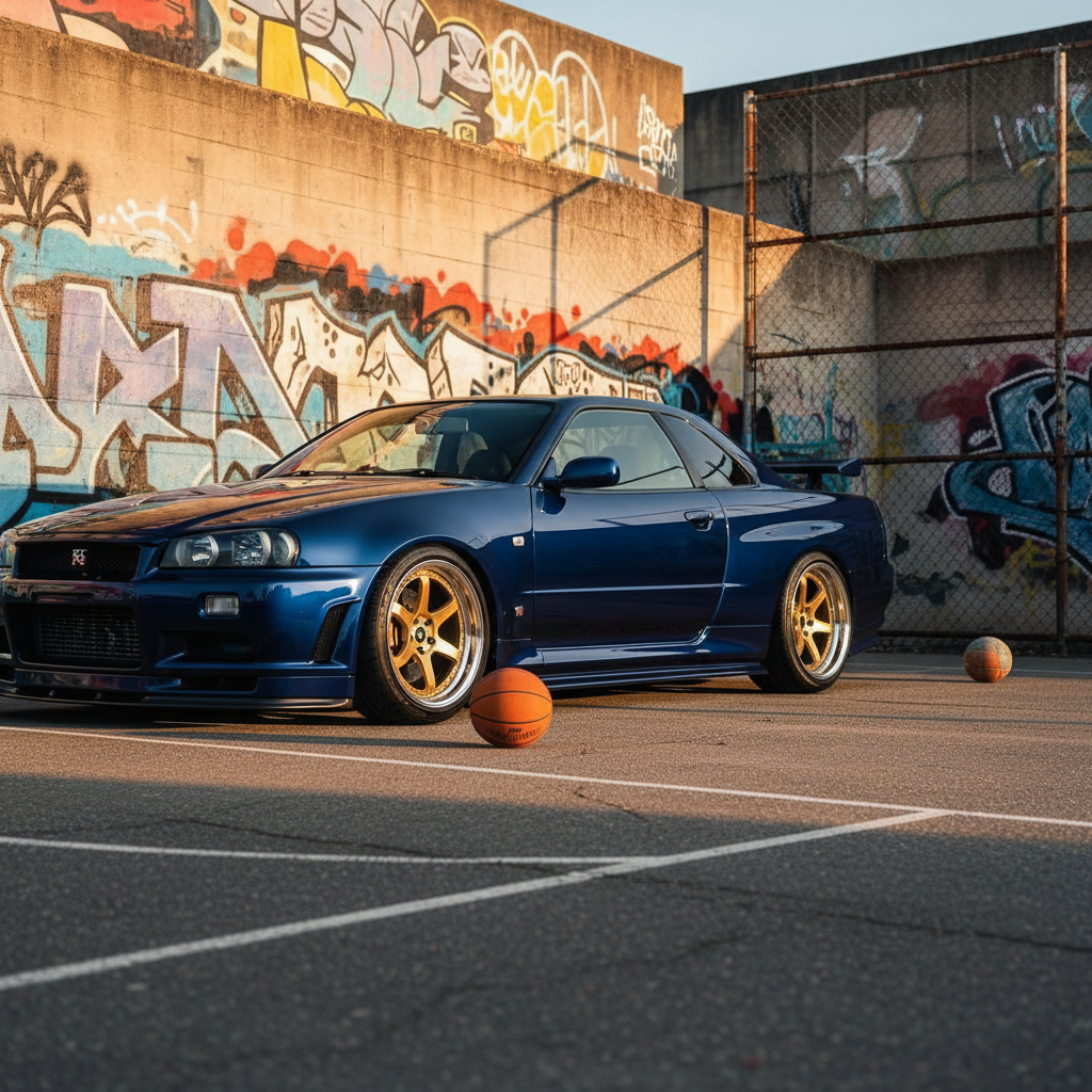 A gleaming, lowered Nissan Skyline GT-R, featuring vibrant midnight blue paint and custom gold alloy wheels, is parked alongside a weathered outdoor basketball court. The setting includes graffiti-splashed walls, chain-link fences, and scattered basketballs, blending urban grit with sleek car aesthetics. Late afternoon sunlight throws dramatic golden highlights across the vehicle’s contours and casts elongated shadows, emphasizing the contrast between polished machinery and street culture. Captured from a low, three-quarters front angle, the composition uses rule of thirds to balance car and court, achieving an energetic, bold, and dynamic mood that is faithful to a clean, modern, and vibrant photographic realism.