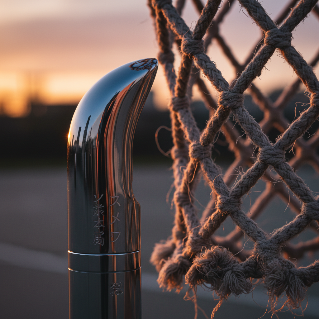 A dramatic close-up of a silver JDM shift knob, gleaming with mirror-like precision machining and subtle engraved Japanese lettering, is displayed beside a weathered basketball nets frayed, knotted cords. The headline shot features rich, directional side lighting from a low, warm sunset, casting striking highlights and deep shadows, and picking out the textures of cool metal and worn nylon fibers. Composition is asymmetrical for visual tension, rendered with photographic realism and clean lines, perfectly capturing the raw, tactile connection between two iconic street cultures.