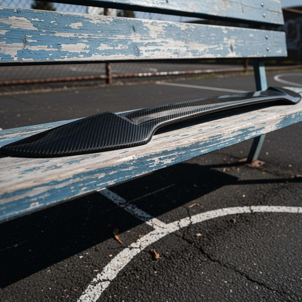 A pristine, highly polished carbon fiber spoiler sits atop a battered wooden outdoor basketball bench, juxtaposed against the faded blacktop of a half court marked by peeling paint. The harsh midday sun creates sharp highlights and crisp, defined shadows, emphasizing the contrast between high-tech automotive components and time-worn sporting environments. A shallow depth of field blurs the distant chain-link fence and court, focusing attention on the texturesglossy carbon weave, splintered wood, and rough surface. The photo has a bold, kinetic feel, rendered in sharp, realistic detail with a distinctly urban-modern aesthetic.