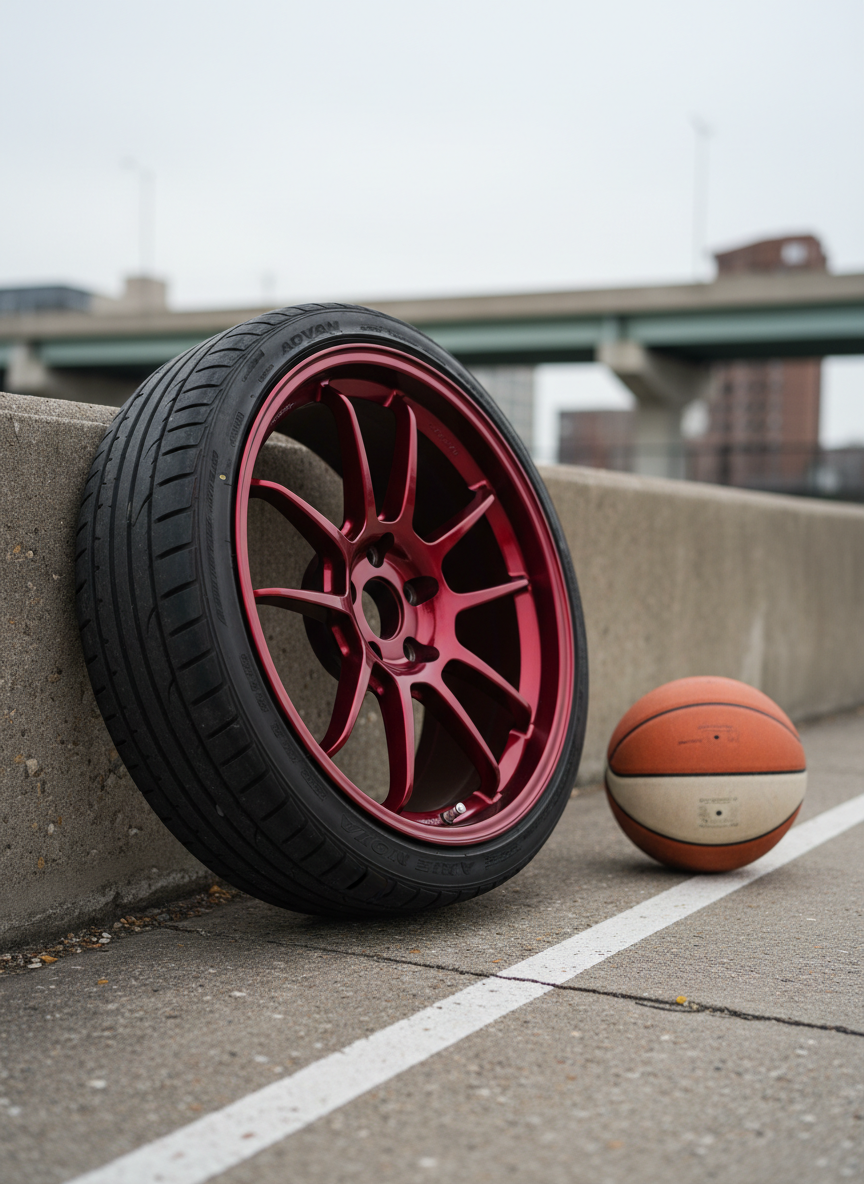 A meticulously detailed, deep-red forged aluminum wheel with low-profile performance tire leans against a cracked concrete basketball court sideline. In the background, a faded orange and white basketball rests near the painted three-point arc, with muted urban landscape hints—such as a distant highway overpass—framing the scene. Overcast, diffused daylight provides even illumination, highlighting textures on both wheel and court while creating soft, subtle shadows. Shot from a close-up, eye-level perspective, the composition is tight and focused, featuring minimalist aesthetics that accentuate the unexpected connection between JDM car culture and street basketball.